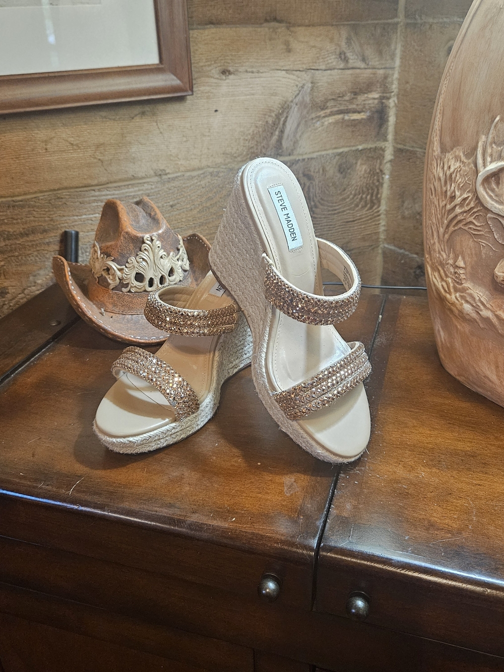 Steve Madden Rose Gold Wedge Sandals with Sparkle Straps